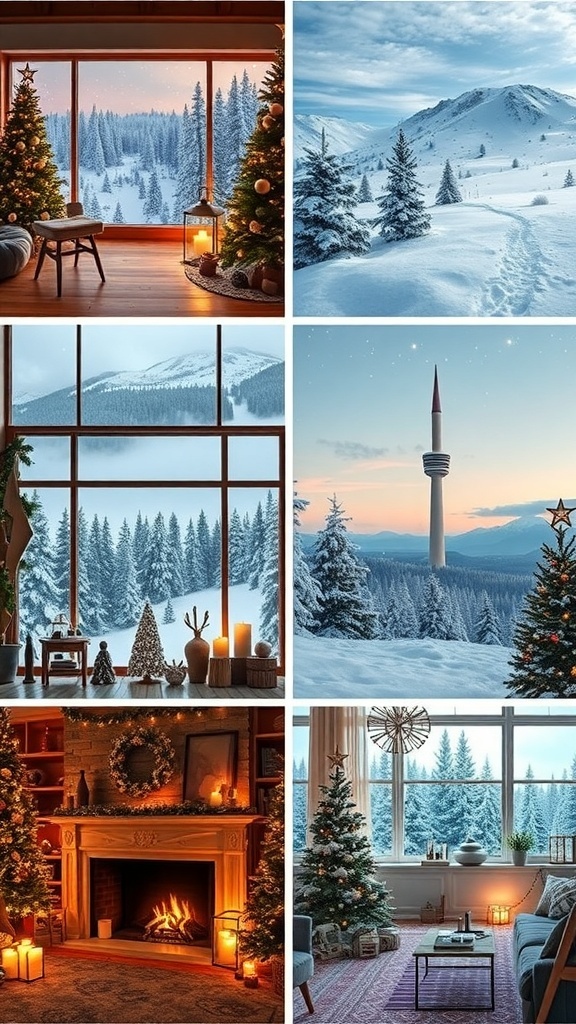 Aesthetic Christmas backgrounds including snowy scenes, cozy interiors, and festive ornaments.